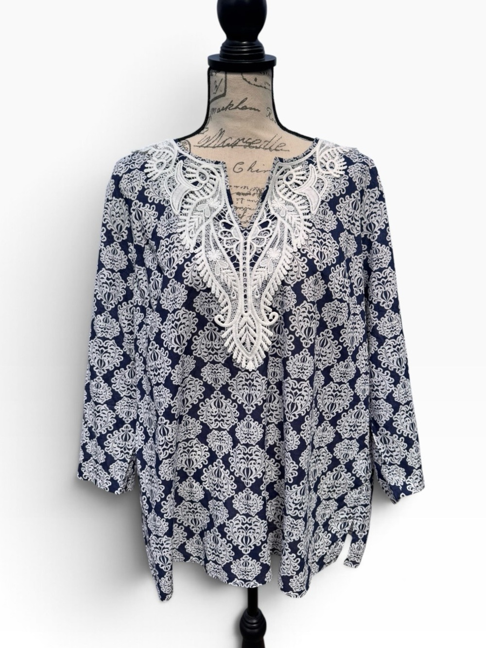 Talbot’s Women's Navy Blue Lace-Trim Tunic Top